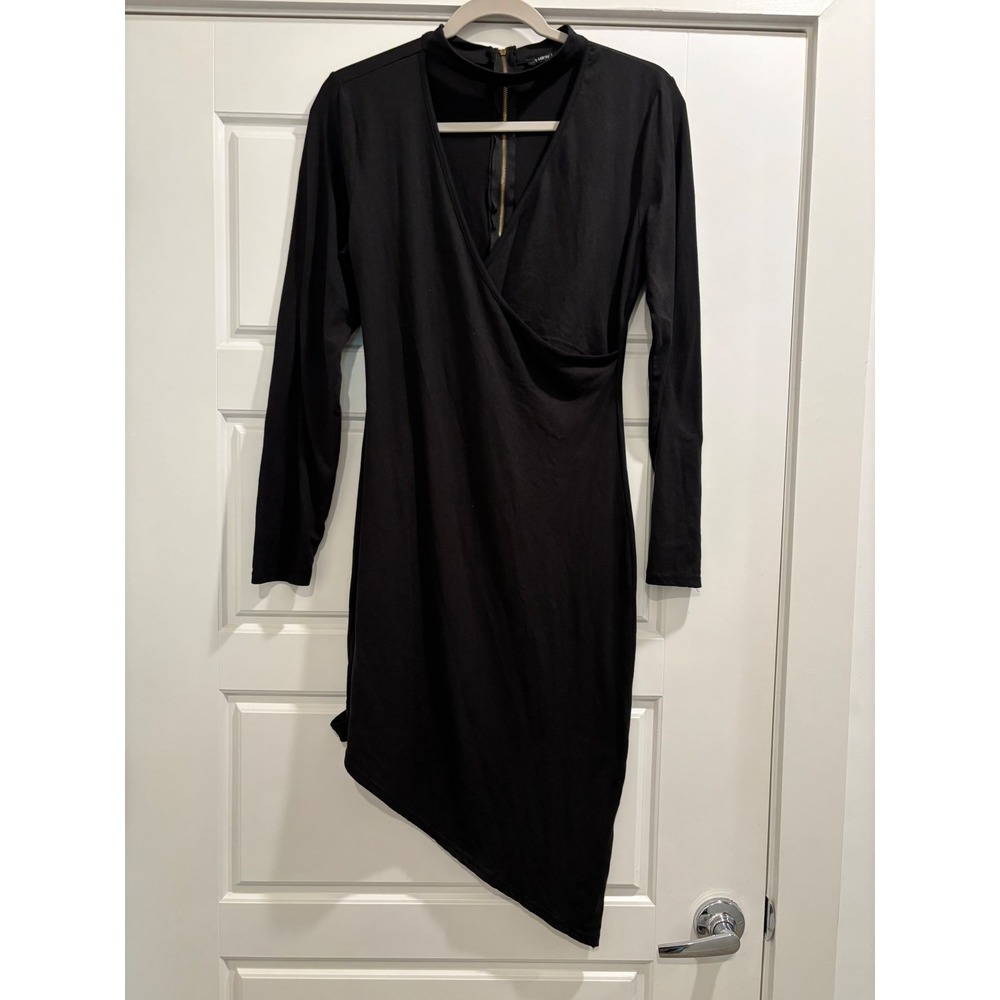 New Look Womens Black Long Sleeve Asymmetrical Wrap Mini Dress Choker Neck Large